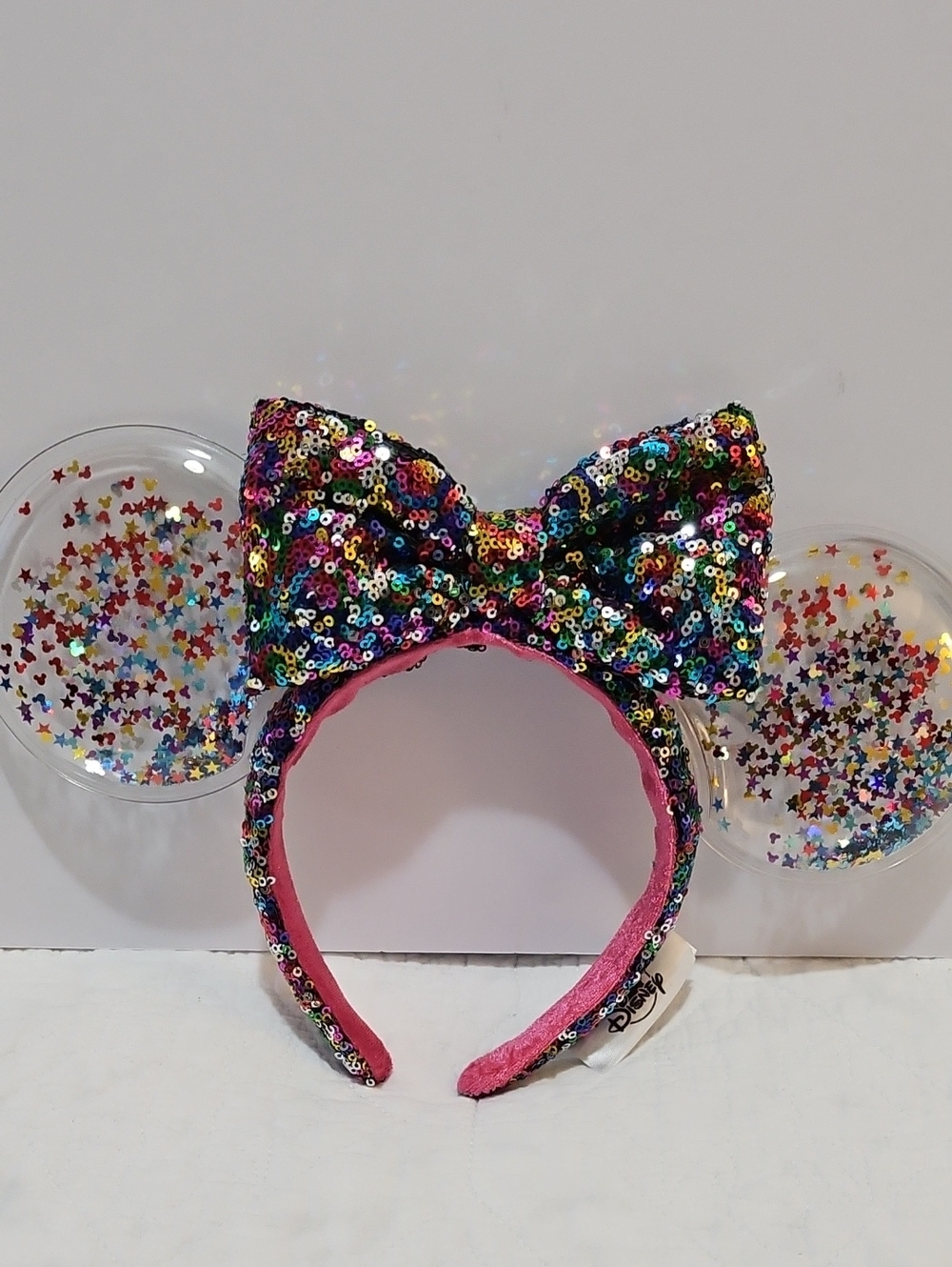 Disney Minnie Ears Sequin Bow Headband with Star Confetti Clear Ears - Pink Trim